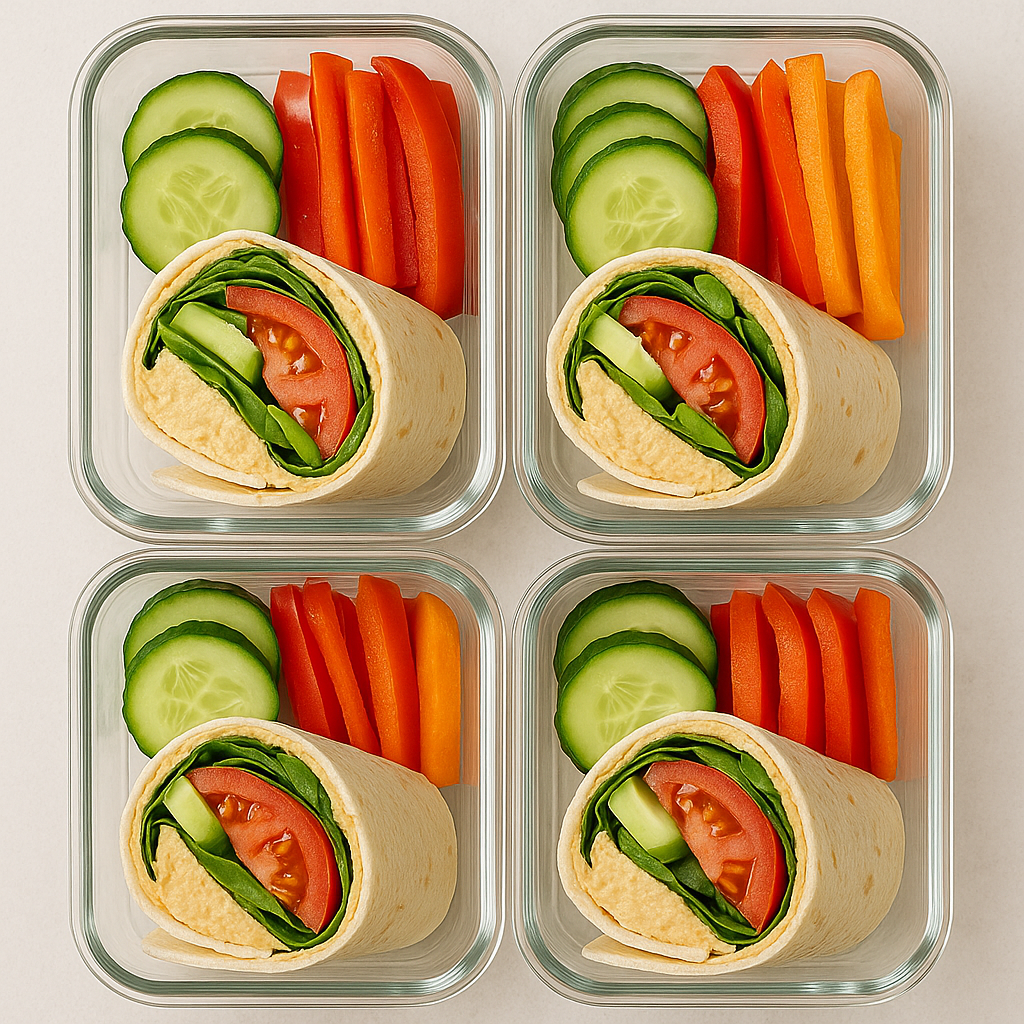 Prepped veggie and hummus wraps in storage containers