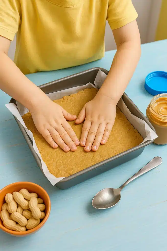 Kid making peanut butter bar base in pan