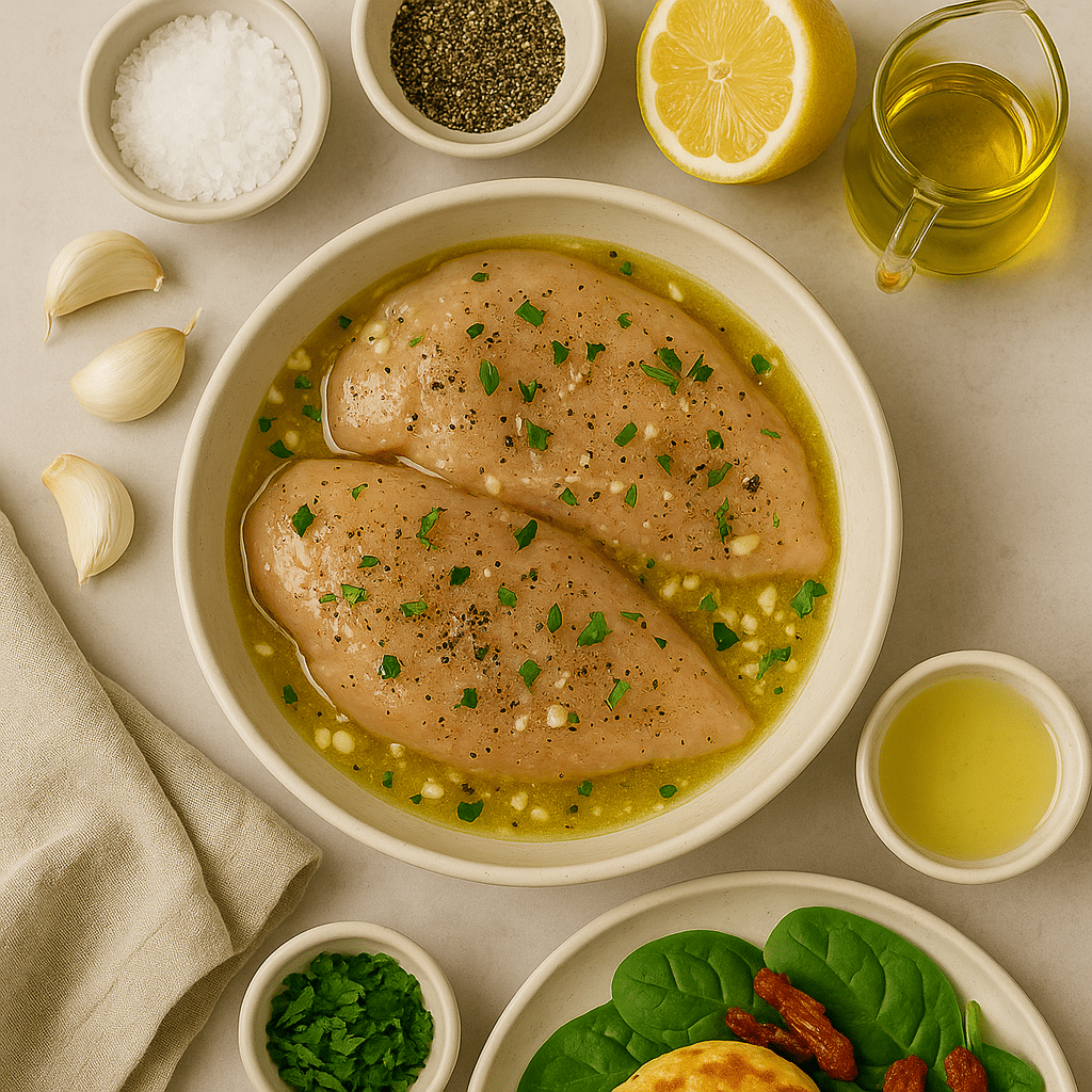 Marinating chicken in lemon garlic mixture