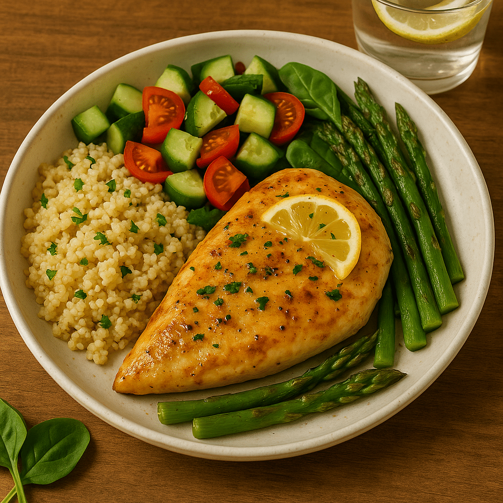 Lemon garlic chicken dinner plate with sides