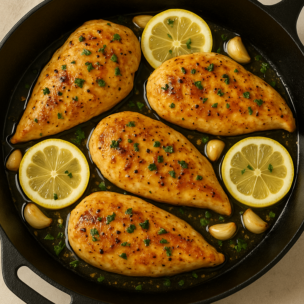 Lemon garlic chicken in skillet with lemon slices