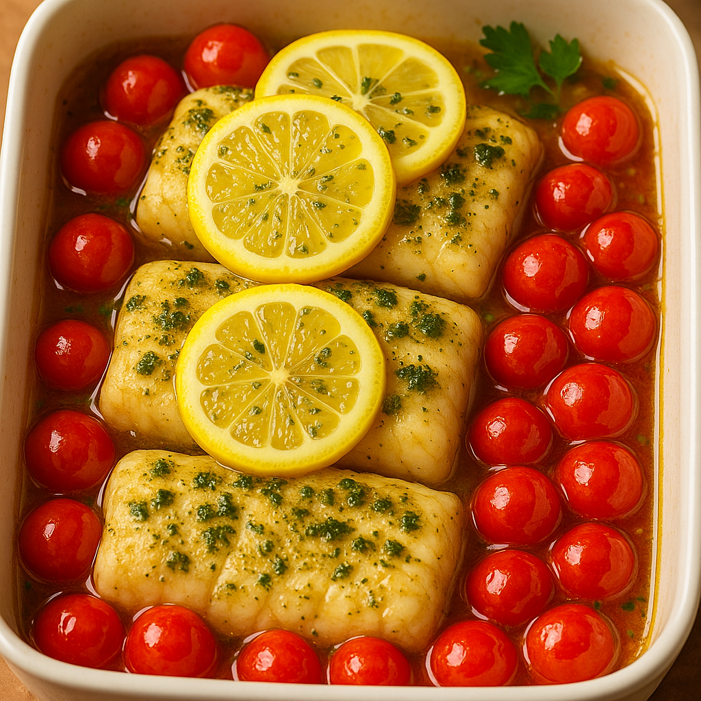 Lemon herb baked cod in baking dish