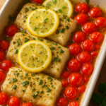 Lemon herb baked cod in baking dish