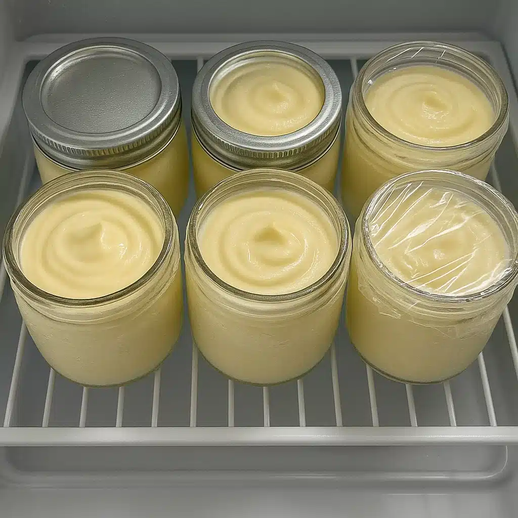 tored lemon Greek yogurt mousse jars in fridge