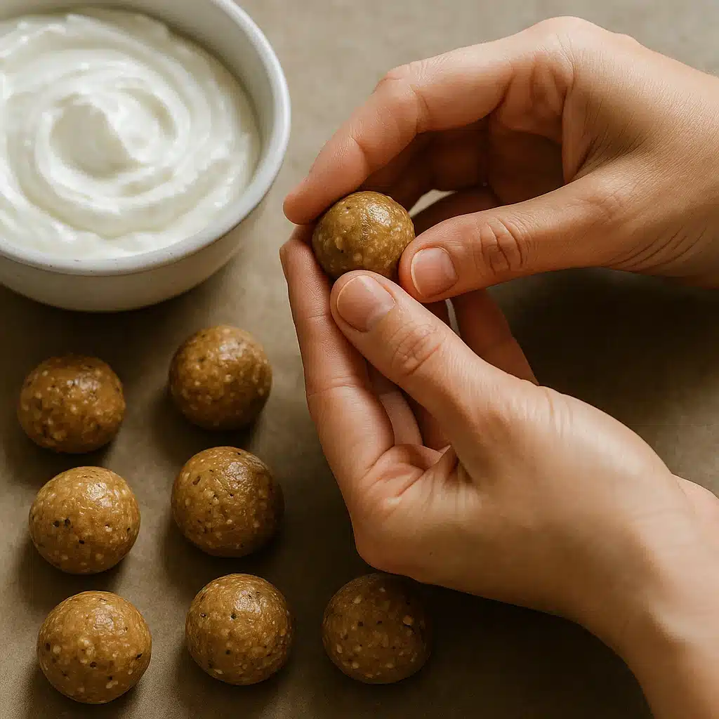 Rolling homemade Greek yogurt protein bites