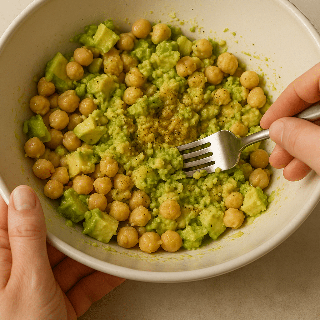 Mashing chickpeas and avocado for wrap filling