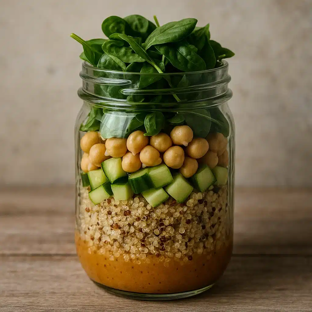 Layered mason jar salad with chickpeas and veggies