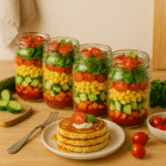 colorful mason jar salads with vegetables