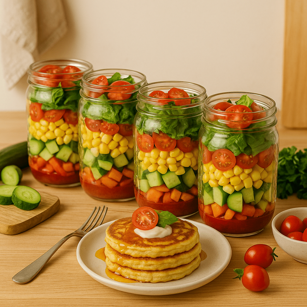colorful mason jar salads with vegetables