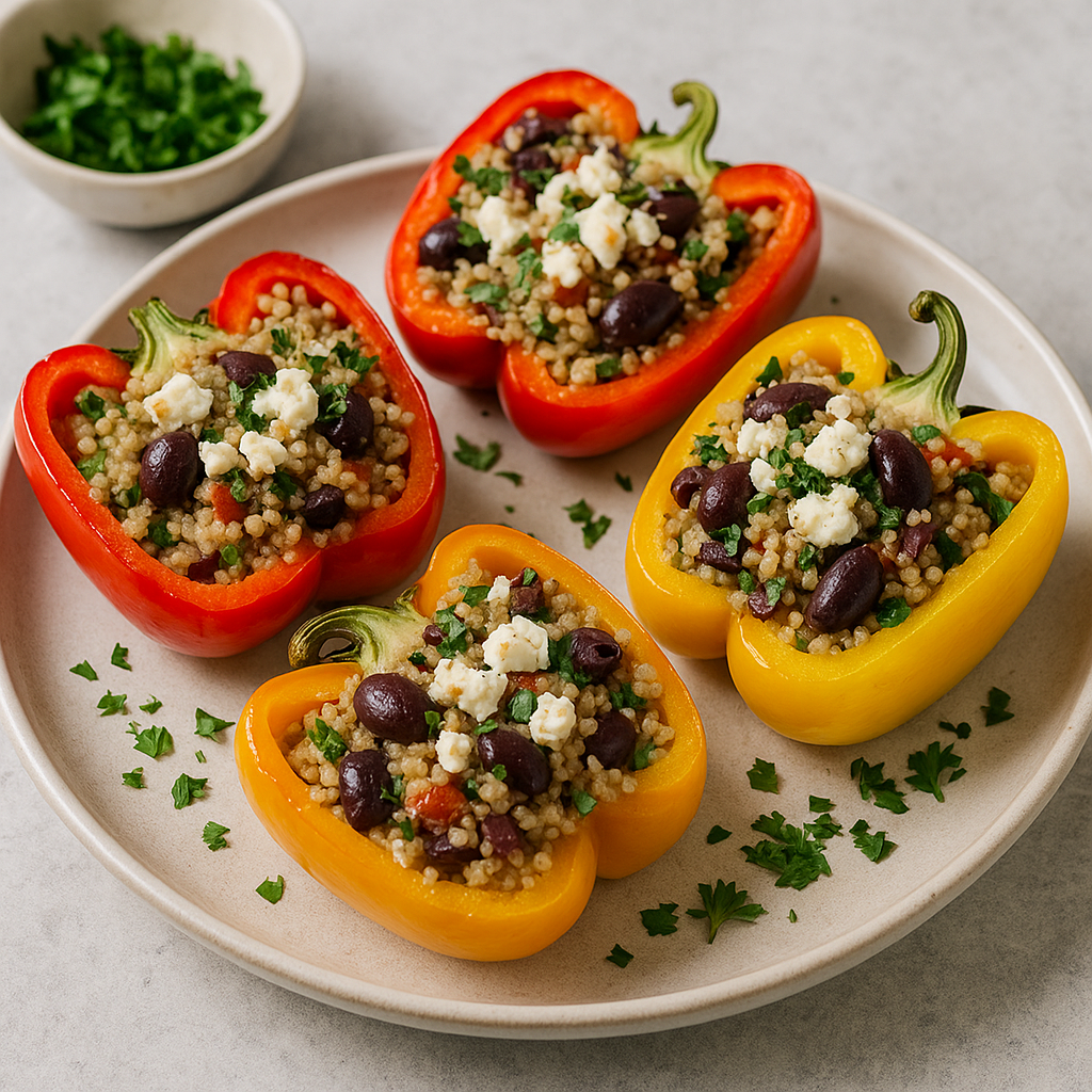 homemade mediterranean quinoa stuffed peppers with feta and olives