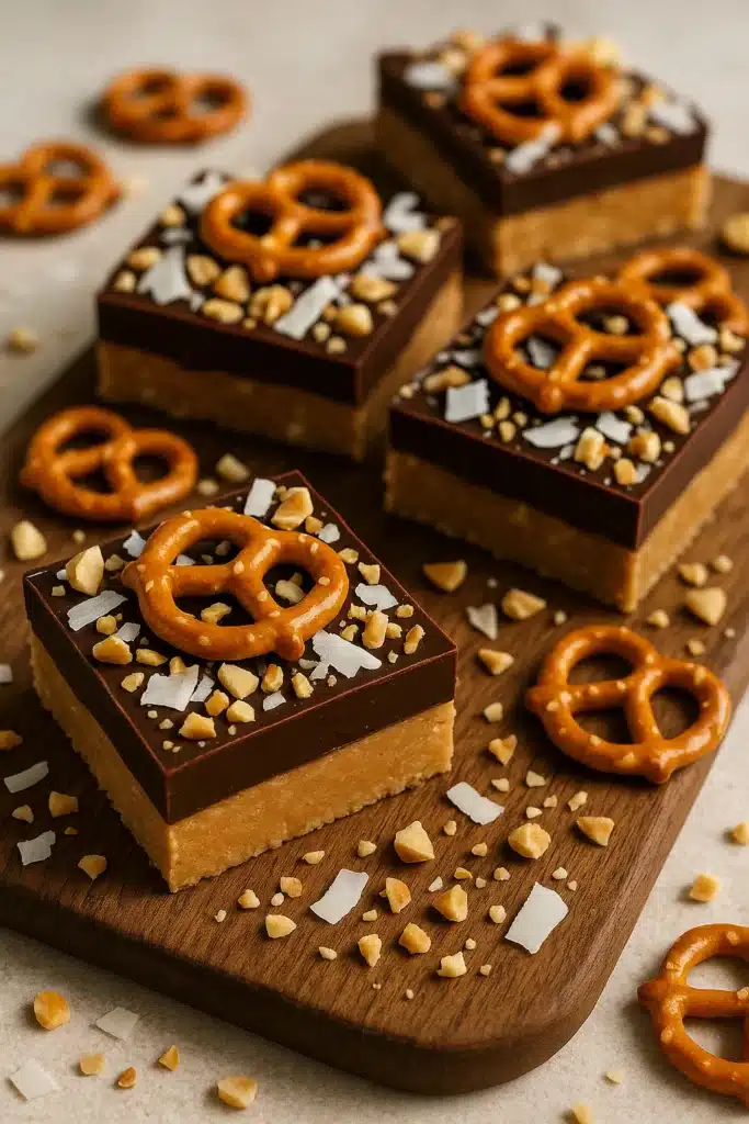 Chocolate peanut butter bars with topping variations