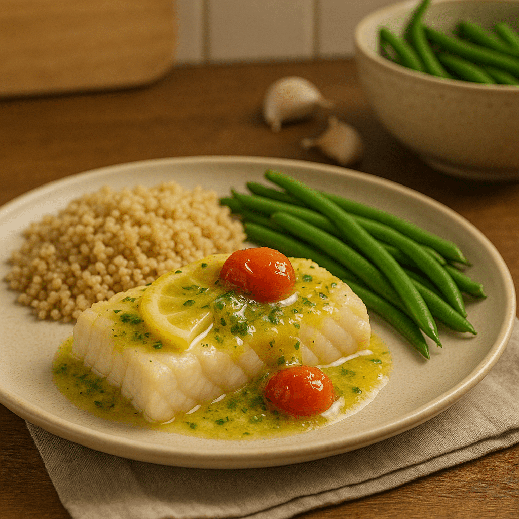 Plated lemon herb cod with veggies