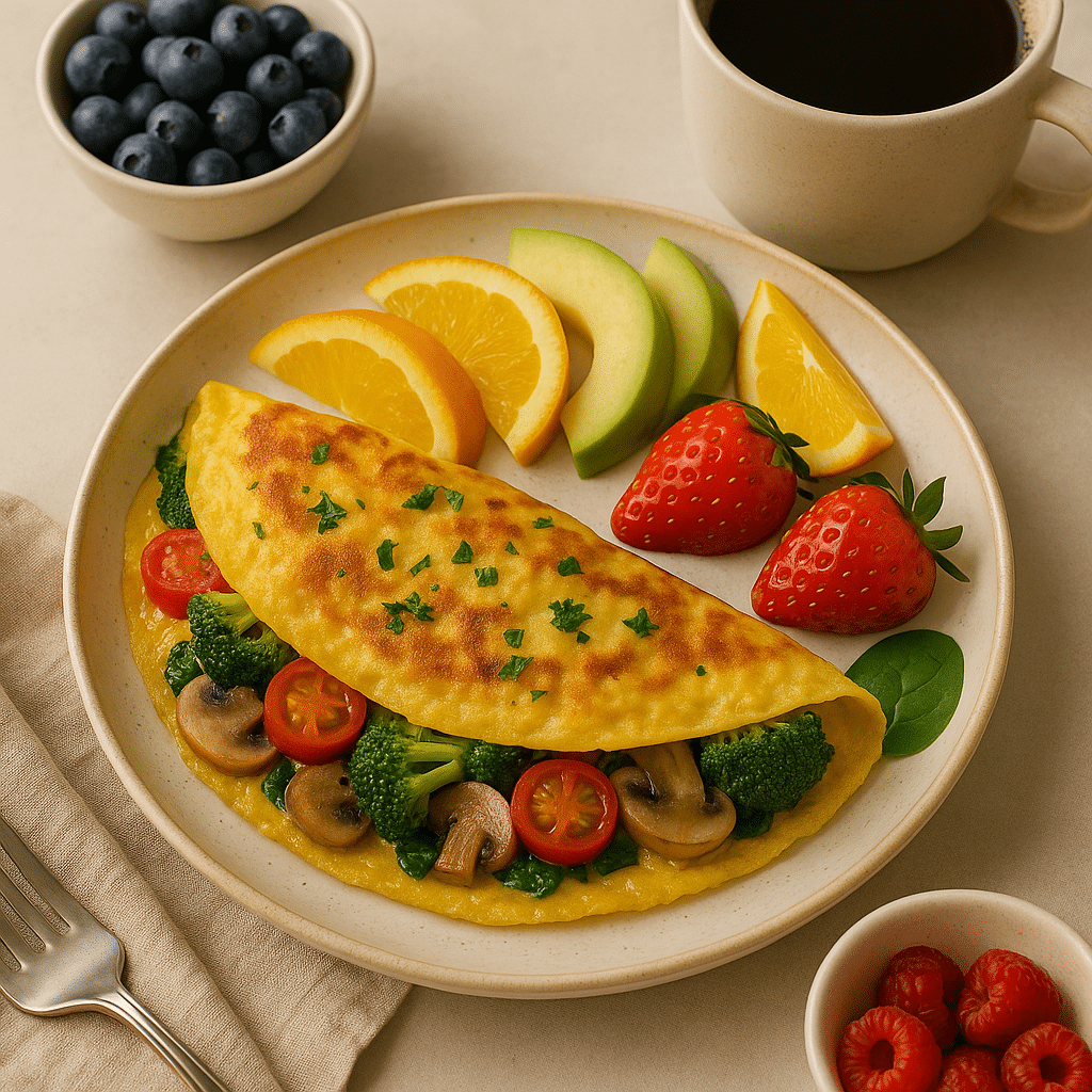 Veggie omelette with fruit and coffee