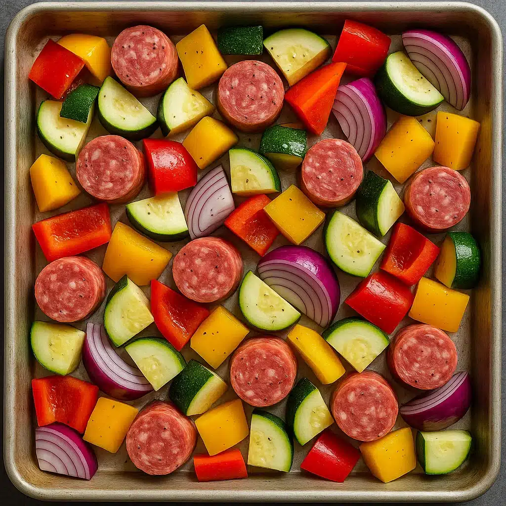Preparing Sheet Pan Sausage and Veggies before baking