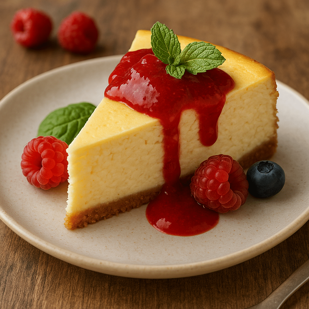 Raspberry cheesecake slice with sauce and garnish