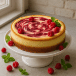 Whole raspberry cheesecake with swirl and fresh berries