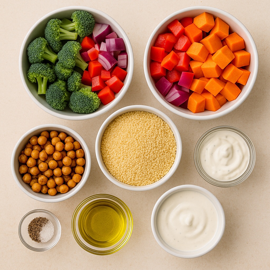 homemade roasted veggie couscous bowl with colorful Mediterranean vegetables