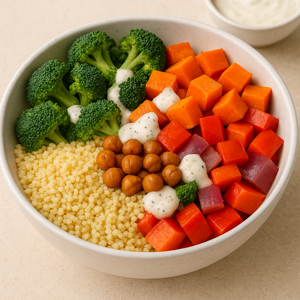 homemade roasted veggie couscous bowl with colorful Mediterranean vegetables