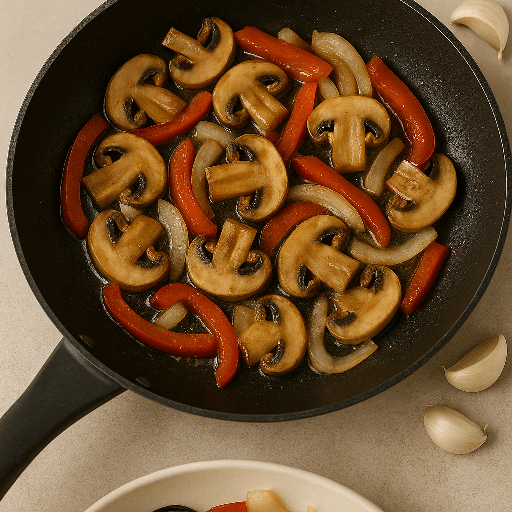 Sauteed vegetables in skillet for omelette
