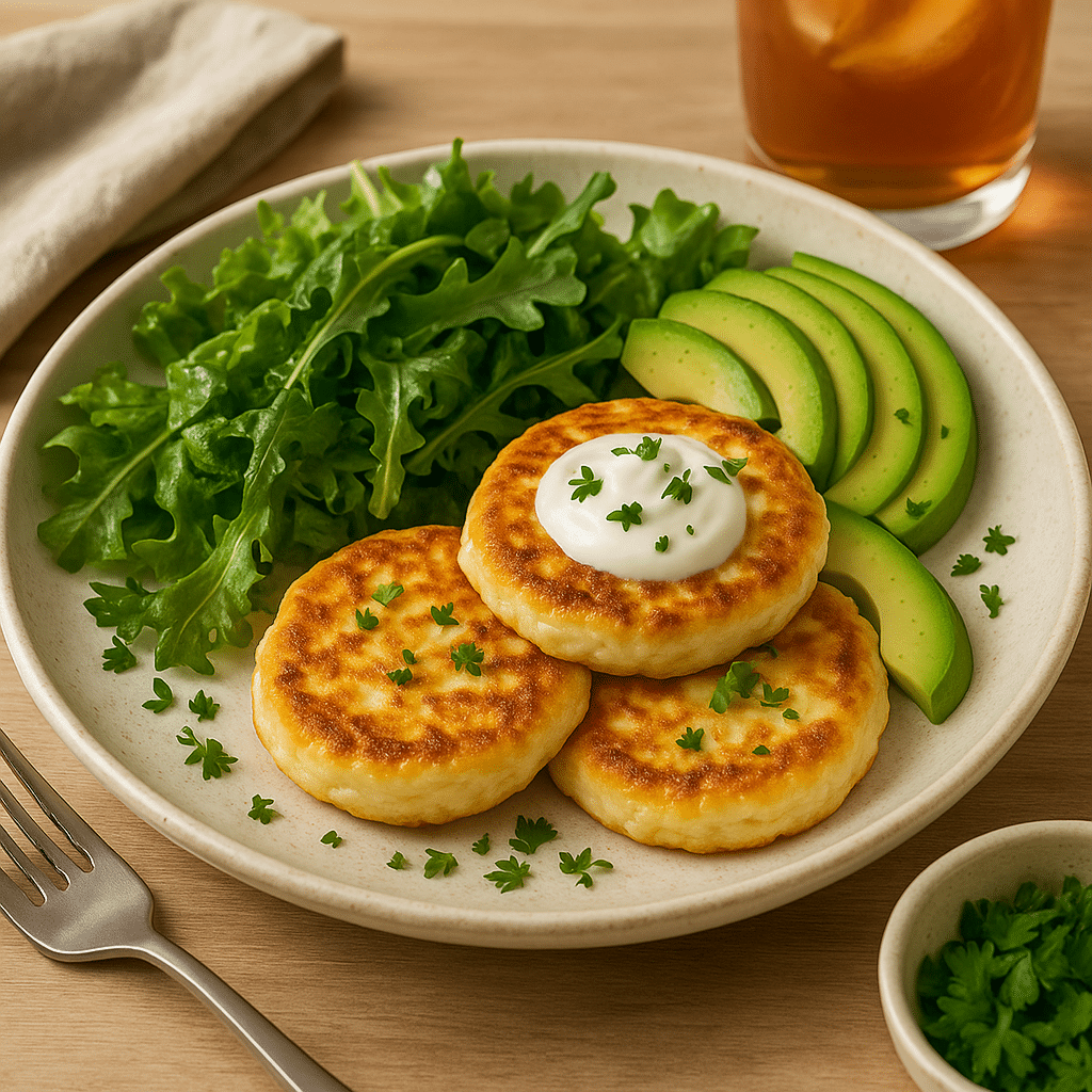 Cheese pancakes with brunch toppings