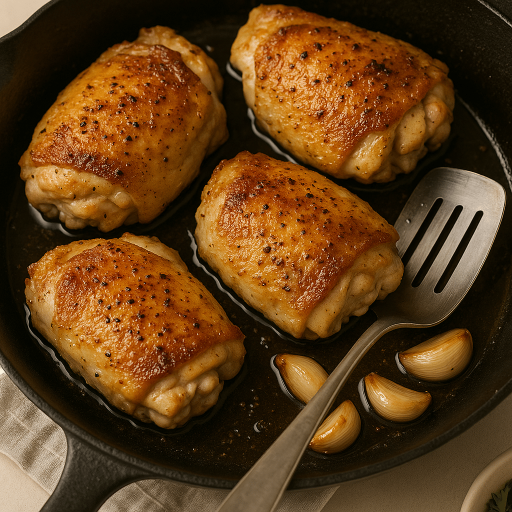 Chicken thighs searing in pan with garlic