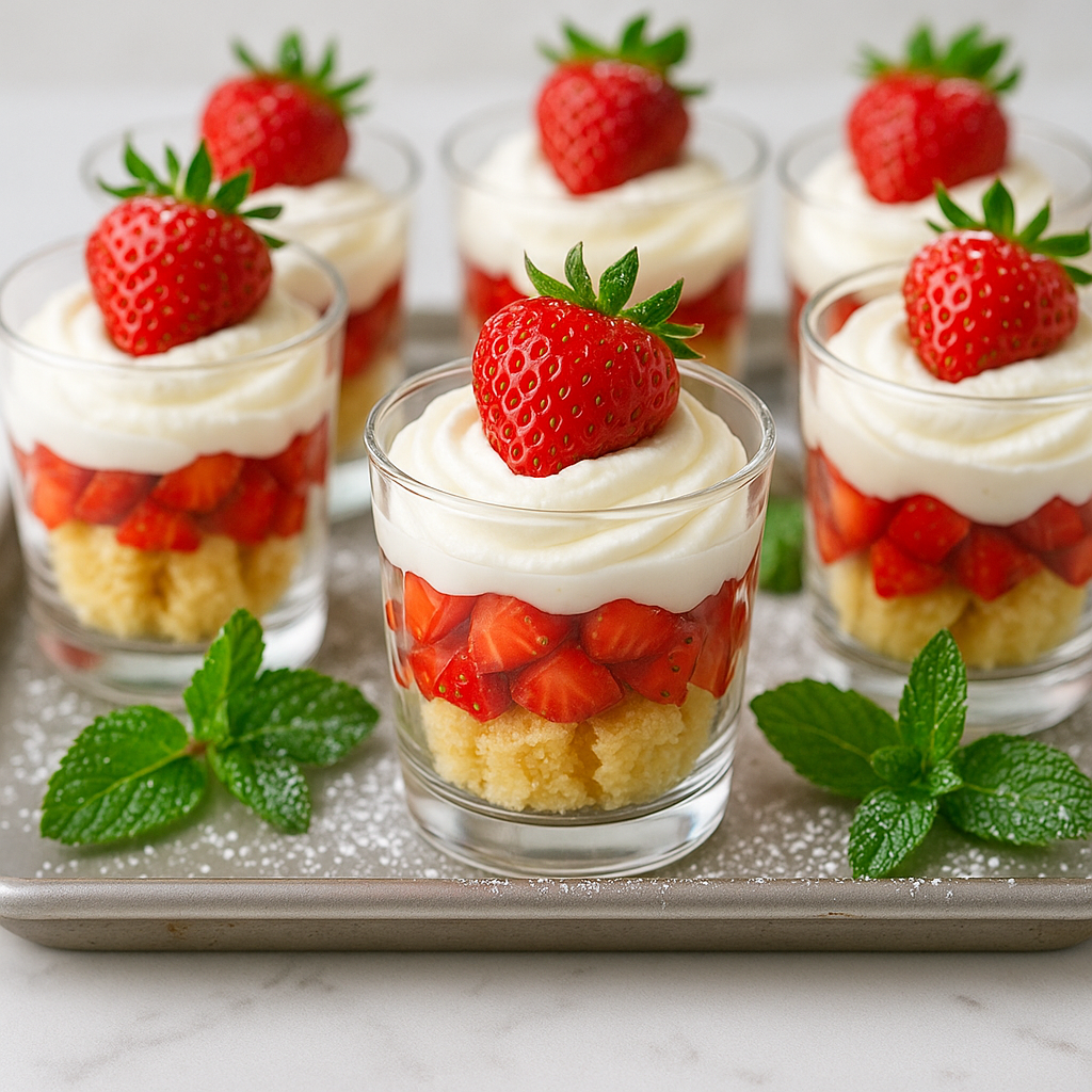 Strawberry shortcake dessert cups ready to serve on a platter