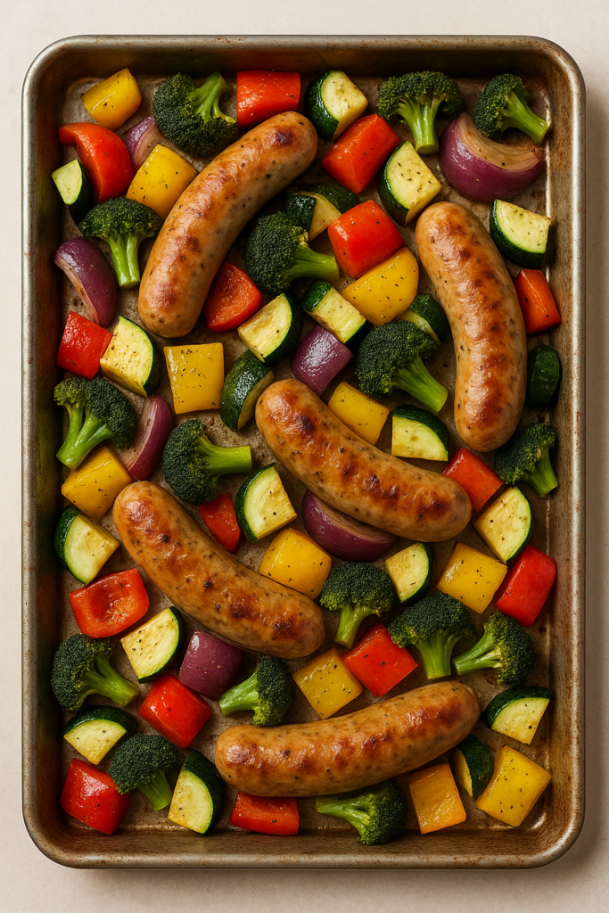 Finished one-pan chicken sausage meal with roasted vegetables