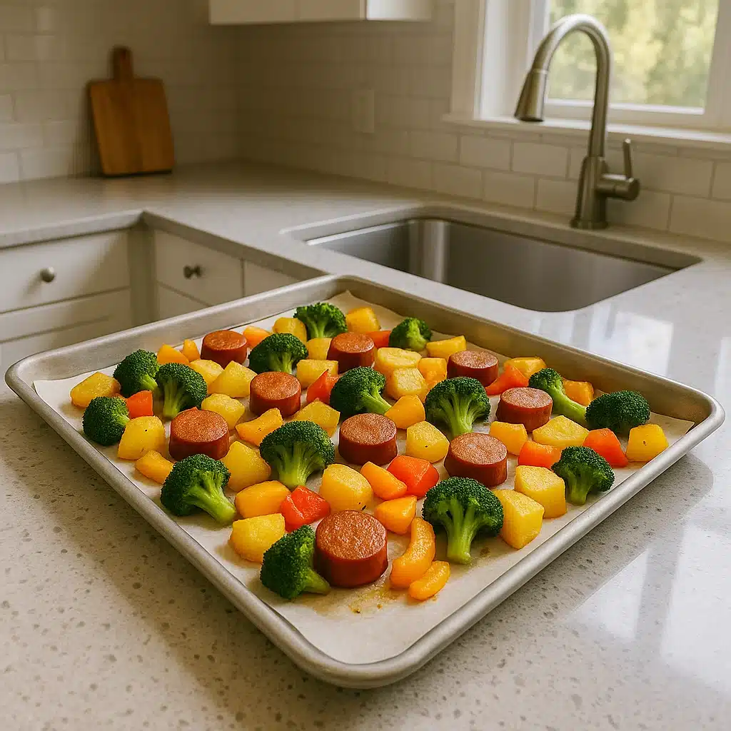 Sheet Pan Sausage and Veggies ready to serve