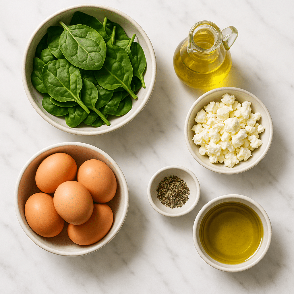 Ingredients for spinach & feta egg muffins on countertop