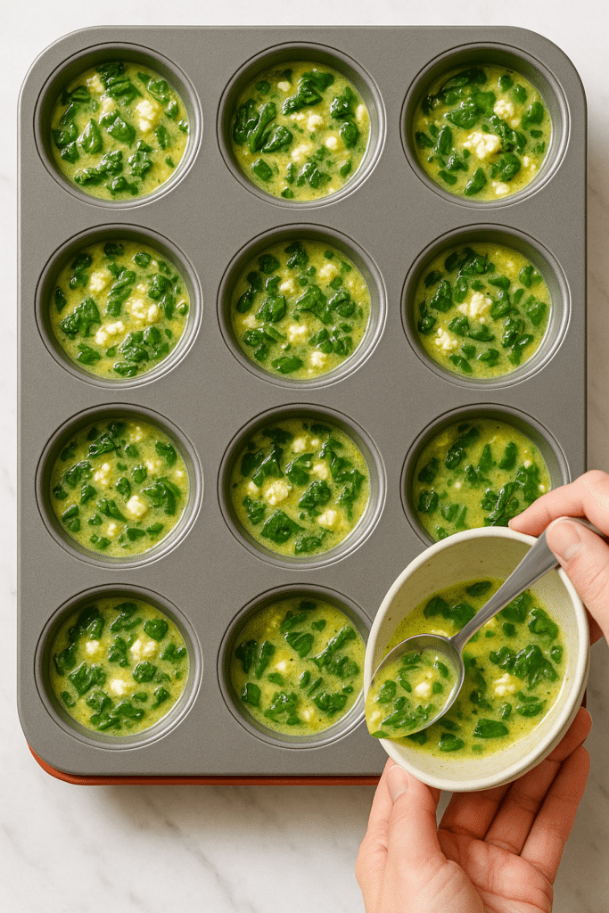 Preparing spinach & feta egg muffins in silicone muffin tray