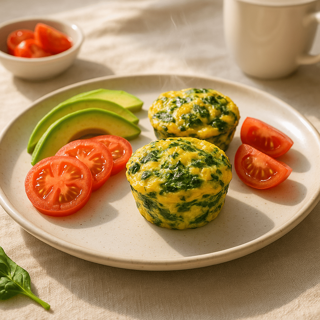 Spinach & feta egg muffins served with avocado and tomato