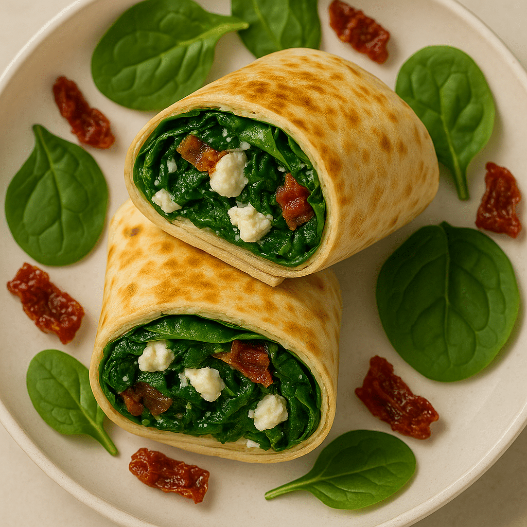 Healthy spinach feta wrap with fresh ingredients