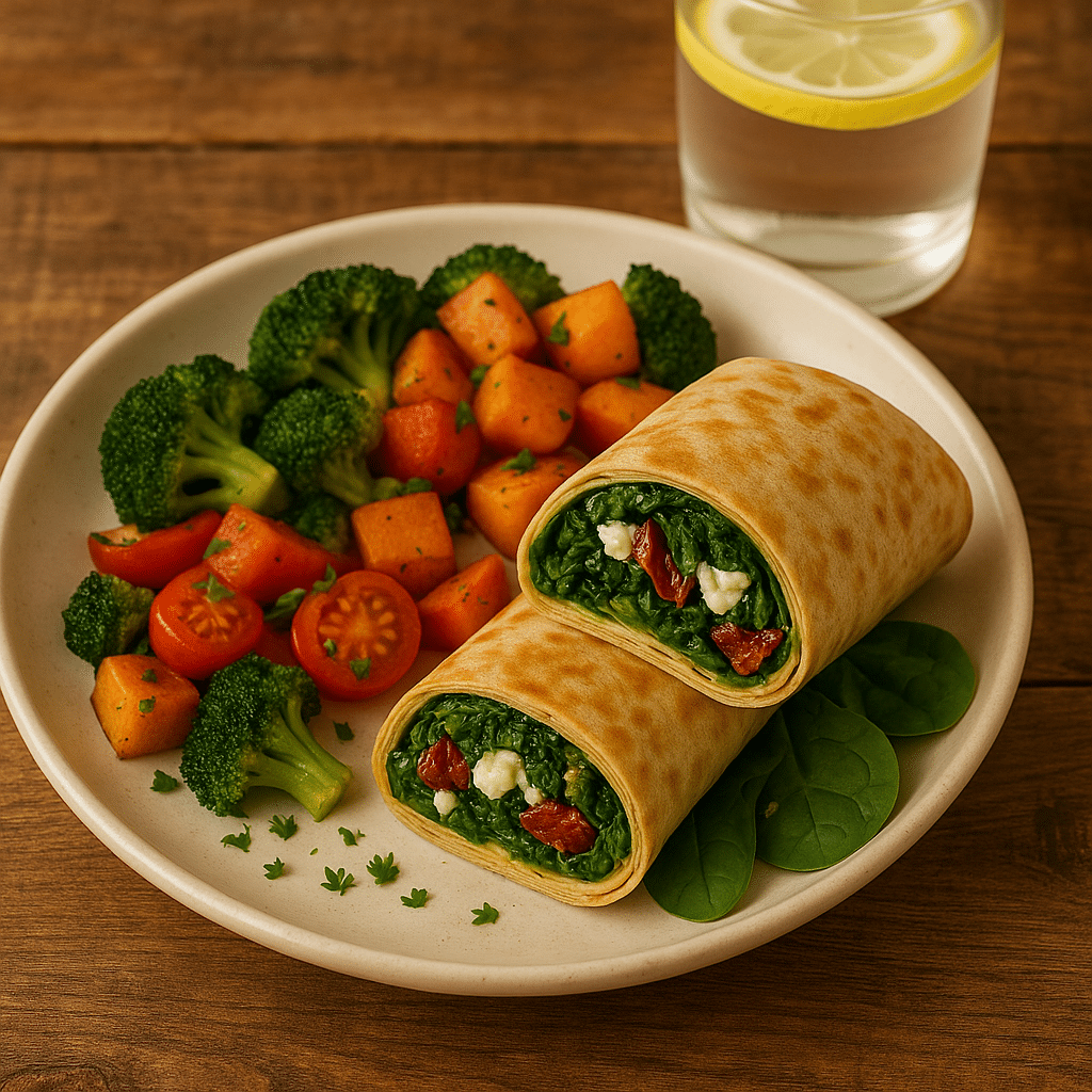 Spinach feta wrap with roasted veggie sides