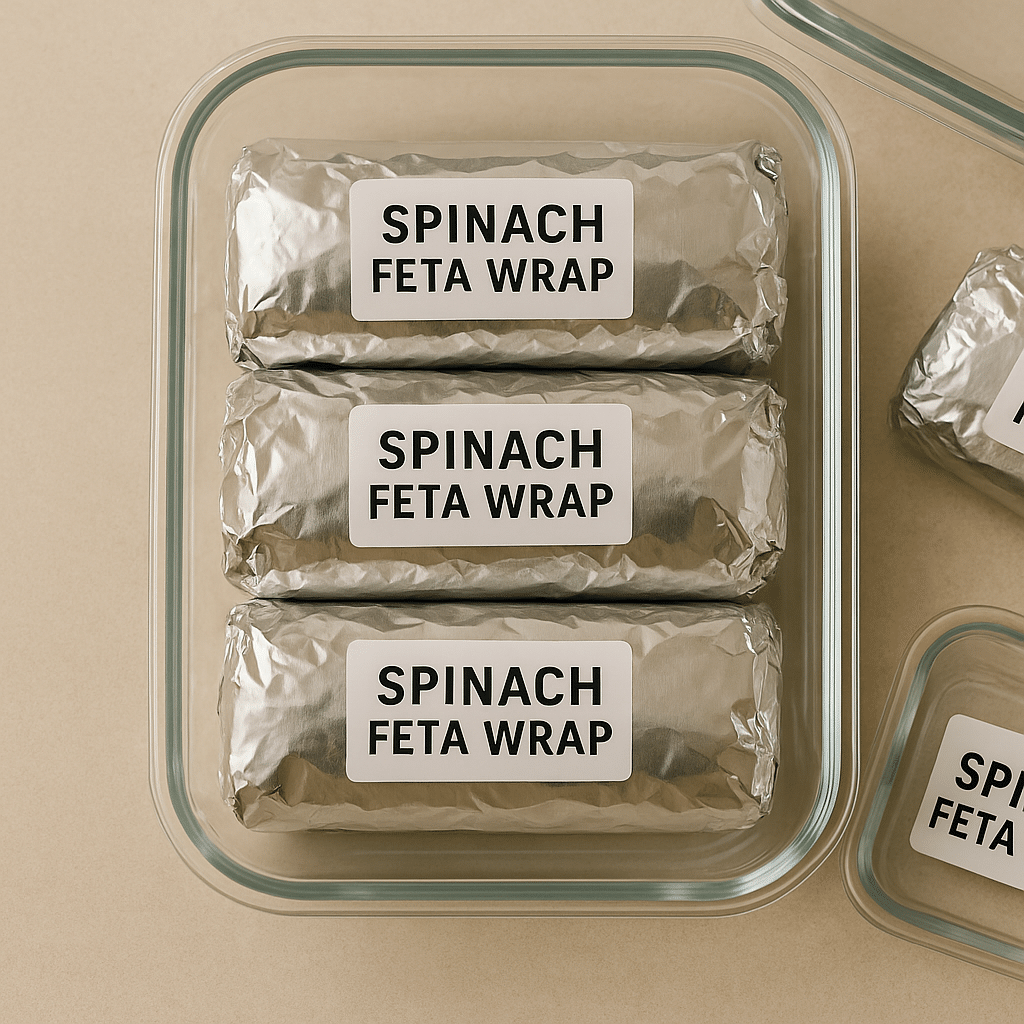 Meal prepped spinach feta wraps in containers