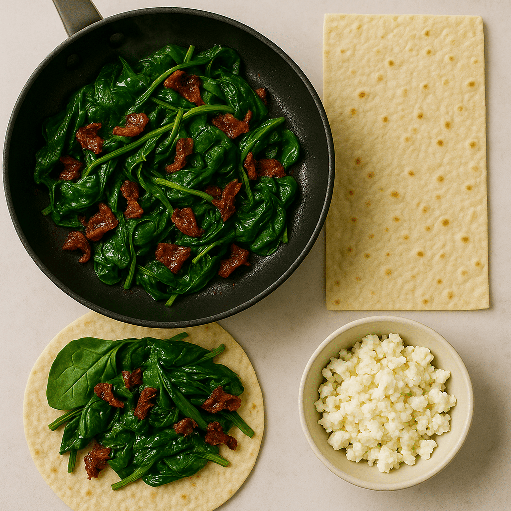 Cooking spinach and feta wrap filling