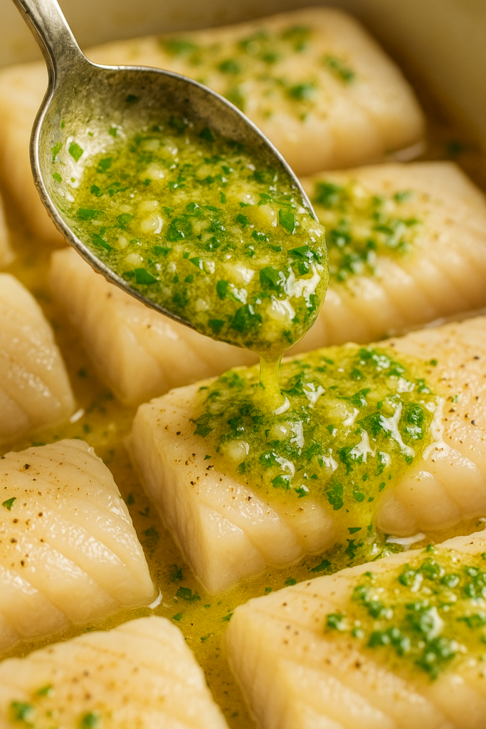 Herb butter being spooned on cod