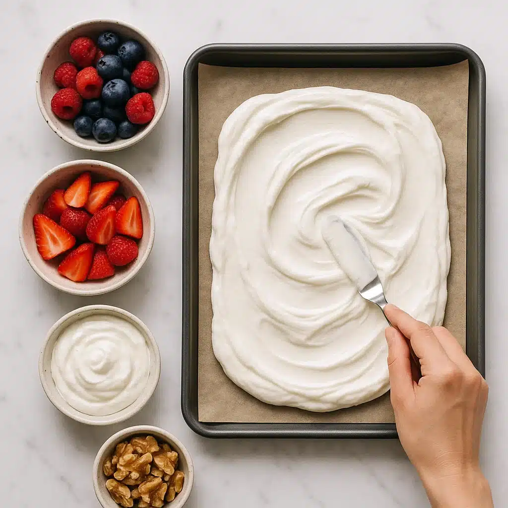 Spreading frozen greek yogurt bark
