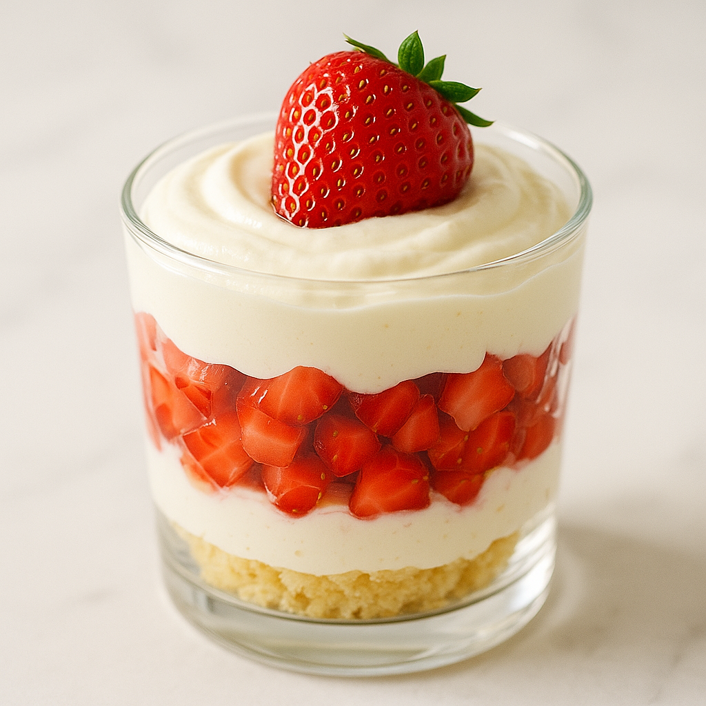 Strawberry shortcake cups layered with cake, cream, and fresh strawberries