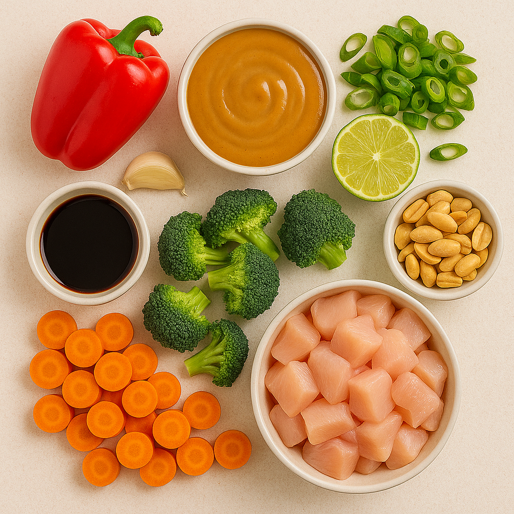 homemade Thai peanut chicken stir fry with colorful vegetables and creamy sauce