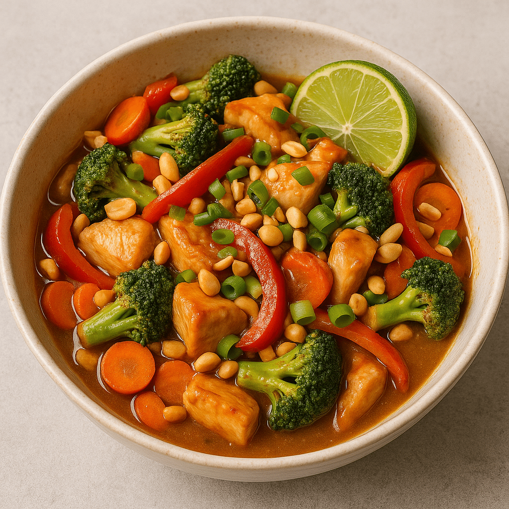 homemade Thai peanut chicken stir fry with colorful vegetables and creamy sauce