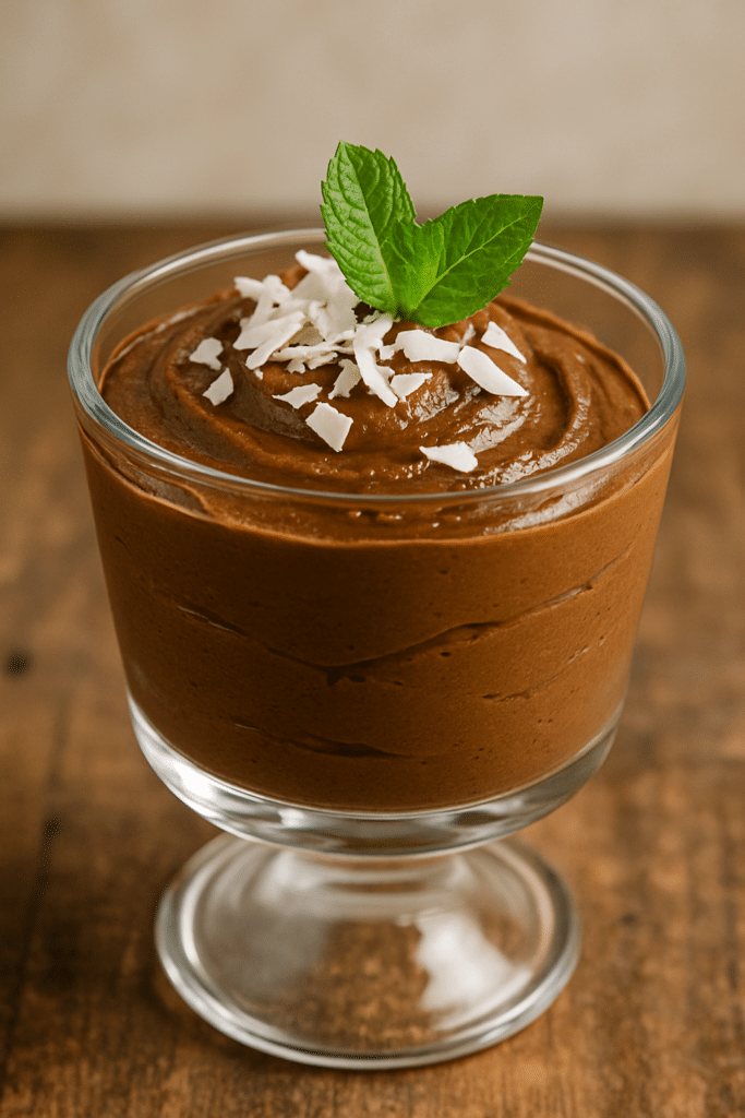chocolate avocado mousse in parfait glass with toppings