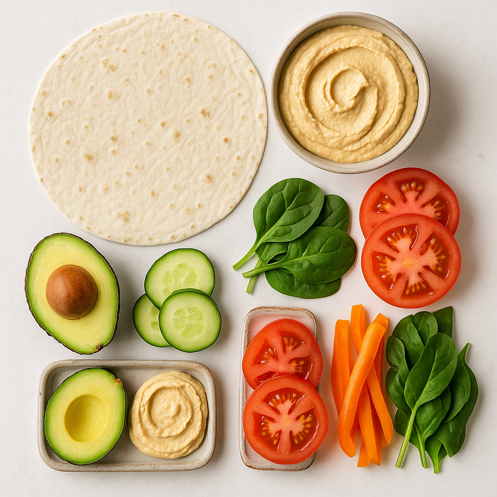 Ingredients for veggie and hummus wrap on a prep board