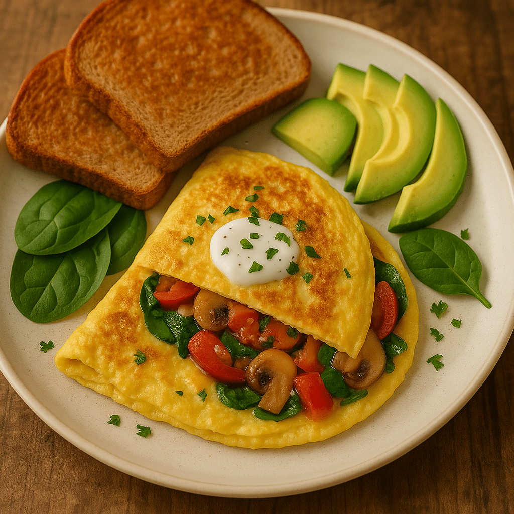 Fluffy veggie omelette with avocado and toast